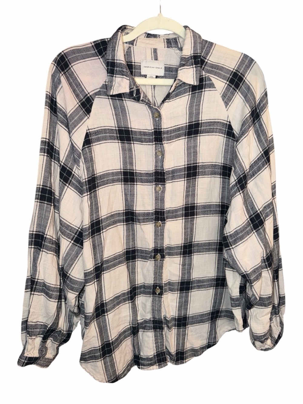 American Eagle Cream/Black 100% Cotton Oversized Plaid Button Down Top, Large